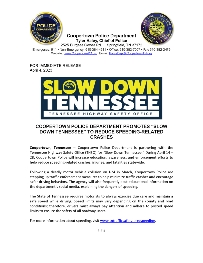 Media Release for "Slow Down Tennessee"