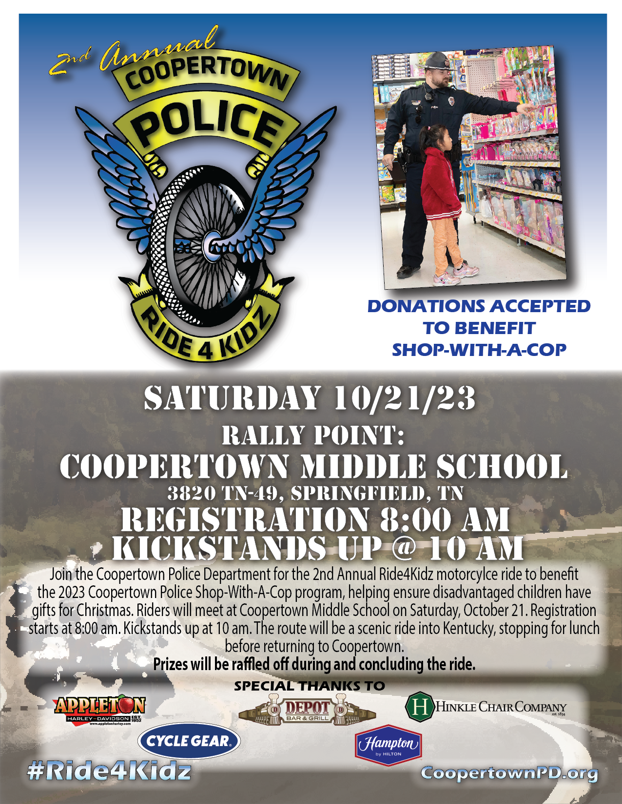 Coopertown Police Department’s 2nd Annual Ride4Kidz Motorcycle Ride